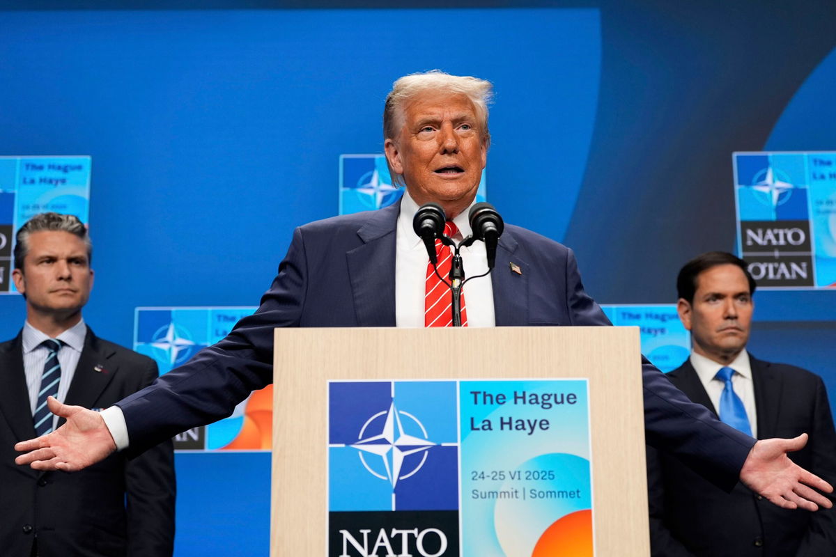 <i>Alex Brandon/AP via CNN Newsource</i><br/>President Donald Trump speaks during a media conference at the end of the NATO summit as Secretary of State Marco Rubio
