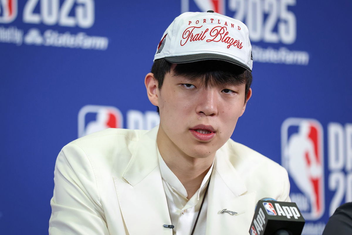 <i>Mike Lawrie/Getty Images via CNN Newsource</i><br/>Yang Hansen speaks to the media after being drafted 16th oveall by the Memphis Grizzlies then traded to the Portland Trail Blazers during the 2025 NBA Draft.