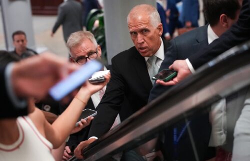 Sen. Thom Tillis talks to reporters as he walks to the Senate Chamber at the US Capitol on June 25 in Washington