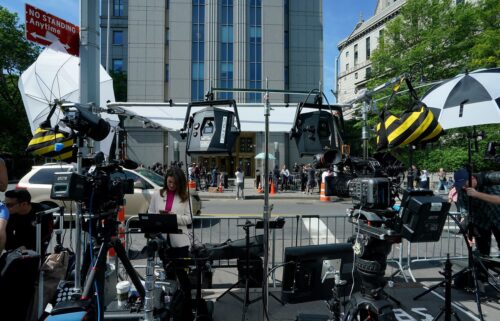Media and television crews are set up outside federal court during the sex trafficking trial of Sean "Diddy" Combs in New York City on May 12.