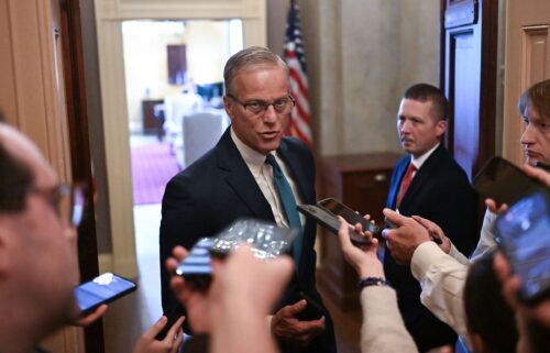 Senate Majority Leader John Thune speaks to reporters at the US Capitol in Washington