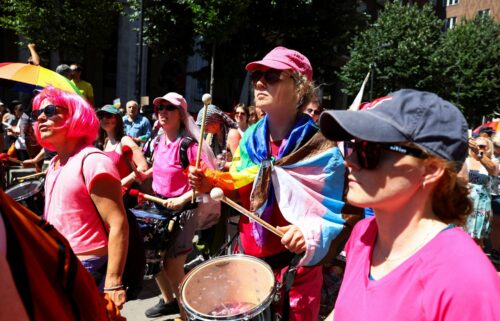 People gather for the Budapest Pride march in Hungary's capital on Saturday.