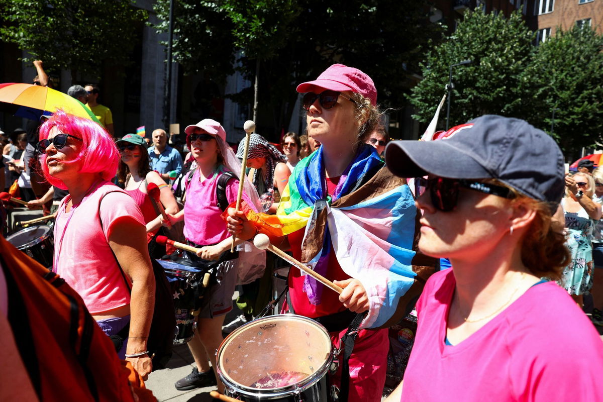 <i>Bernadett Szabo/Reuters via CNN Newsource</i><br/>People gather for the Budapest Pride march in Hungary's capital on Saturday.