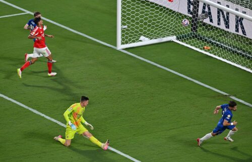 Chelsea winger Pedro Neto celebrates scoring his team's third goal.