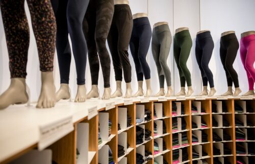 A Lululemon store displaying pants.