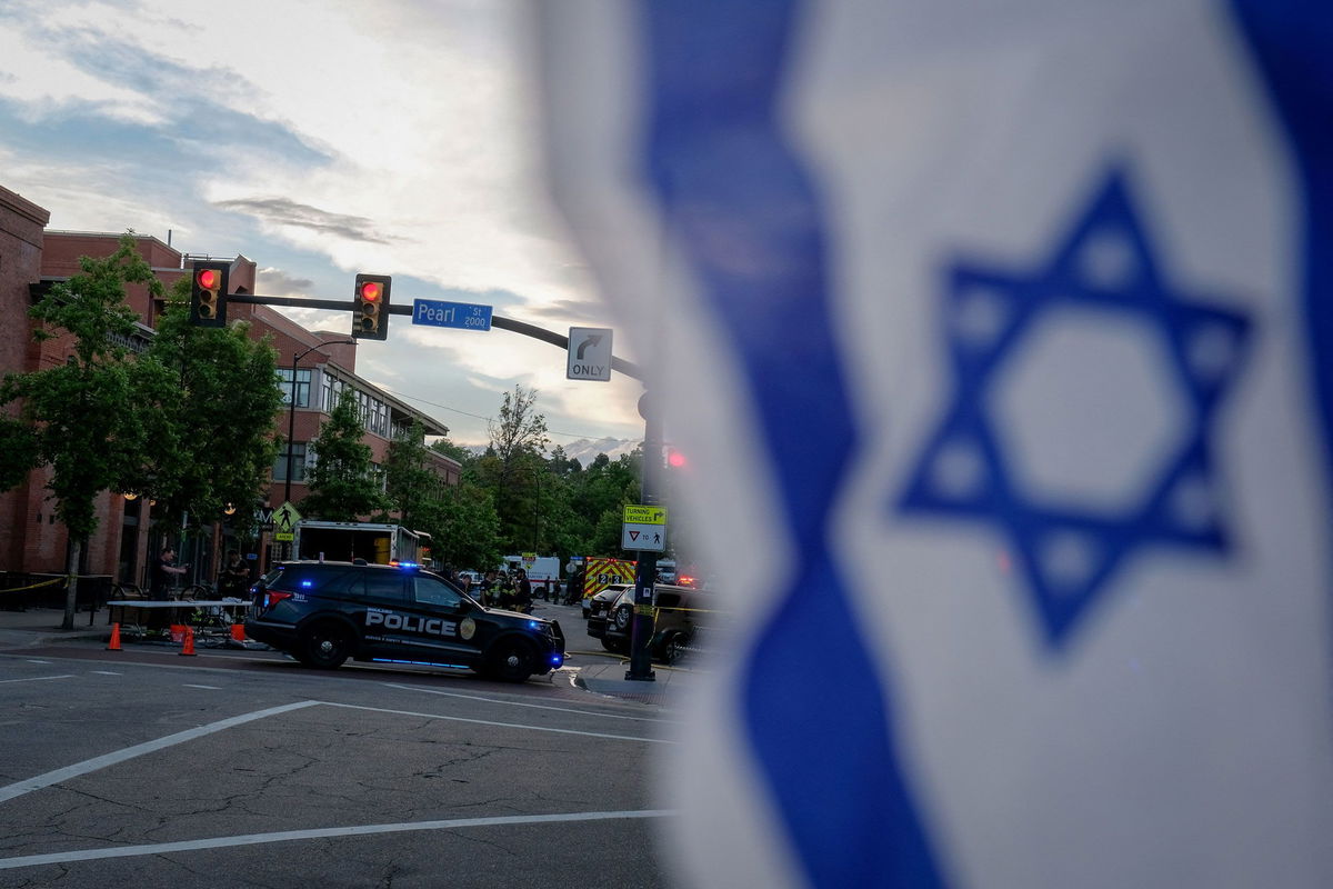 <i>Eli Imadali/AFP/Getty Images via CNN Newsource</i><br/>An Israeli flag was displayed in Boulder