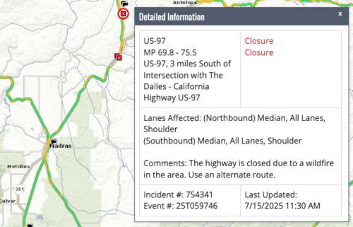 Highway 97 closure Cram Fire