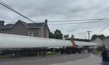 An oversized trailer hauling a blade to a wind turbine got stuck in Bradenville