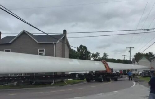 An oversized trailer hauling a blade to a wind turbine got stuck in Bradenville