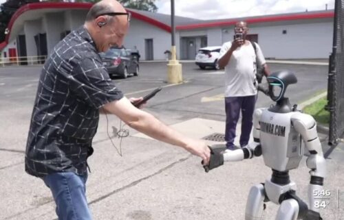A human-sized robot casually walking down 7 Mile Road in Detroit has captured viral attention online and stopped pedestrians in their tracks.