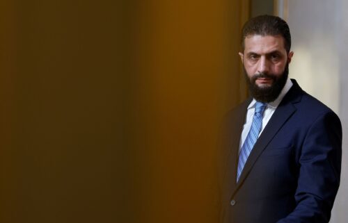 Syrian President Ahmed al-Sharaa attends a joint press conference iwth French President Emmanuel Macron after a meeting at the Elysee Palace in Paris on May 7.