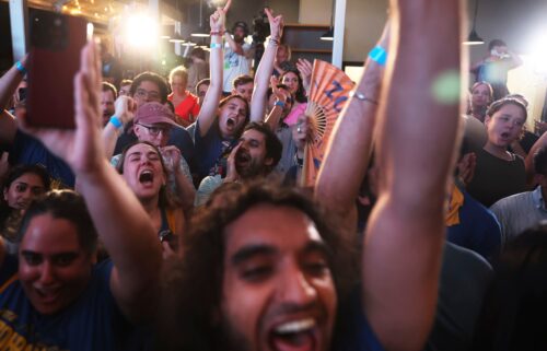 Mamdani supporters cheer before he takes the stage at his primary election night watch party.
