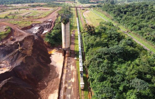 A view of a train loaded with iron ore at the ArcelorMittal iron ore mine in Mount Nimba