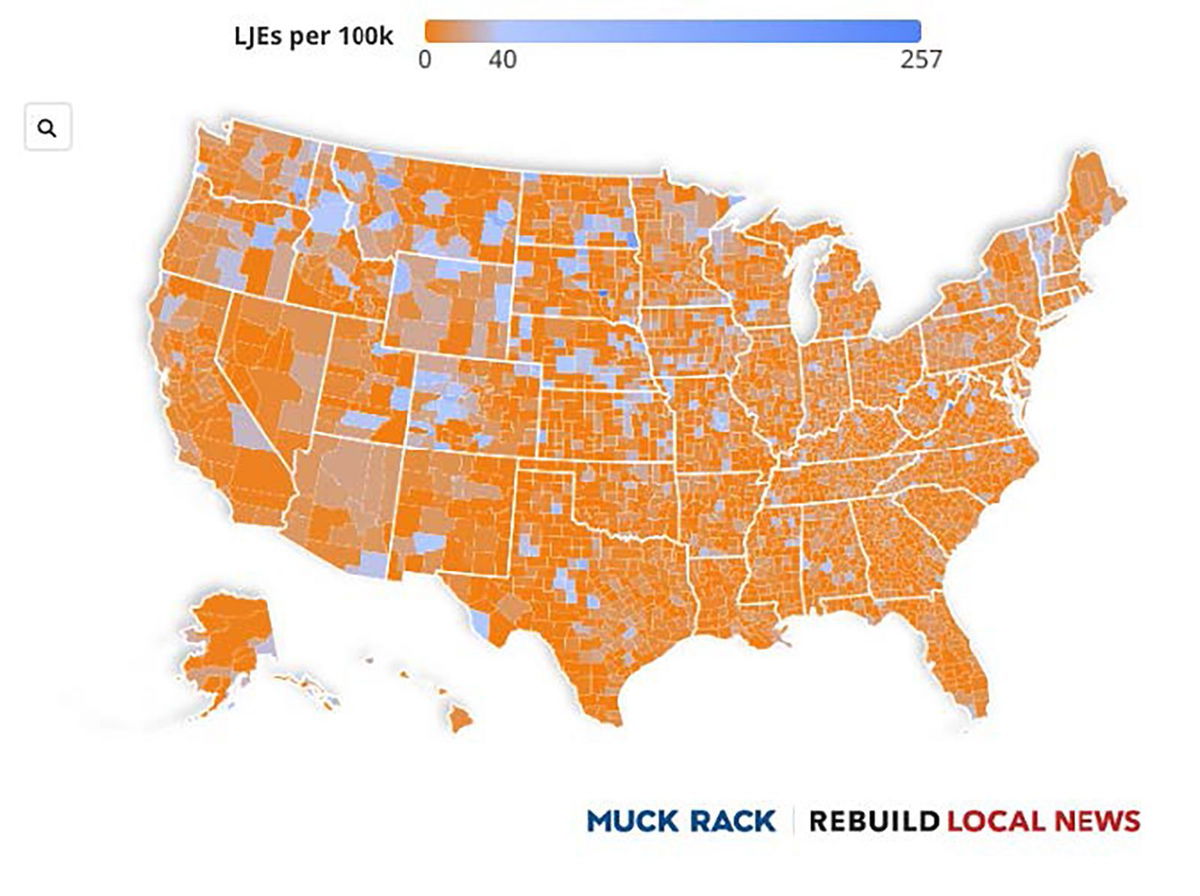 <i>Courtesy Muck Rack via CNN Newsource</i><br/>The Local Journalist Index 2025 maps the amount of working journalists per capita in each US county. The bluer counties have higher amounts of journalists; and the deeper the orange