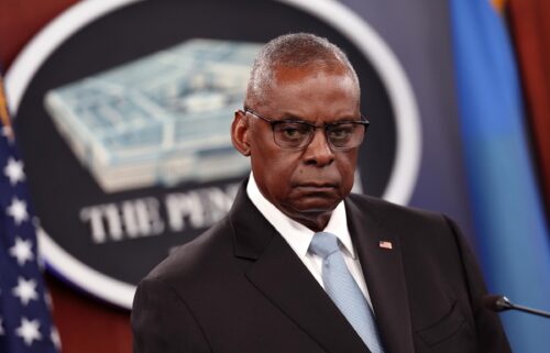 Then Secretary of Defense Lloyd Austin holds a joint press conference following a meeting of the Ukraine Defense Contact Group at the Pentagon on May 20