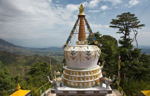A Tibetan stupa on the grounds of the Dalai Lama's residence-in-exile in Mcleod Ganj