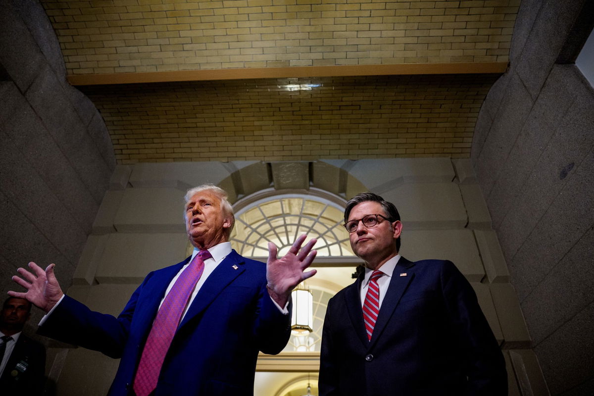 <i>Andrew Harnik/Getty Images via CNN Newsource</i><br/>President Donald Trump is accompanied by Speaker of the House Mike Johnson at the US Capitol on May 20