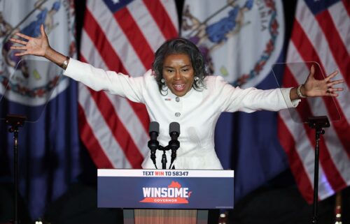 Virginia Republican gubernatorial candidate Lt. Gov. Winsome Earle-Sears speaks to supporters during a primary night rally at the Hippodrome Theater June 17