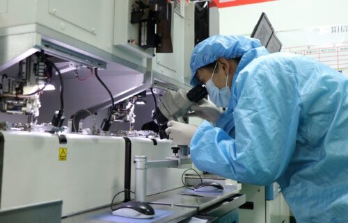 A man works at a chip maker in Binzhou city