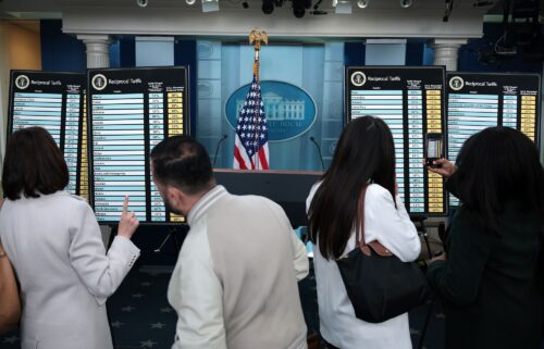 Charts that show America's “reciprocal tariffs” on display in the press briefing room at the White House on April 2 in Washington
