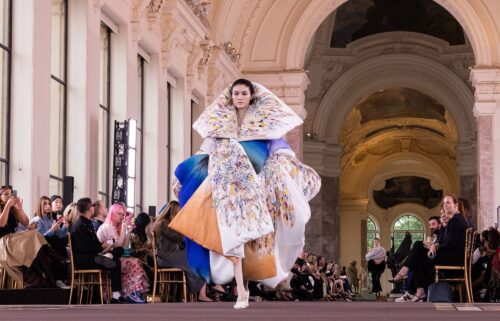 A model walks the runway for Schiaparelli's Haute Couture Fall-Winter 2024 show.