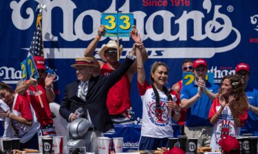 Miki Sudo celebrates her 11th Nathan’s Famous International Hot Dog Eating Contest title on Friday.