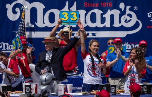 Miki Sudo celebrates her 11th Nathan’s Famous International Hot Dog Eating Contest title on Friday.