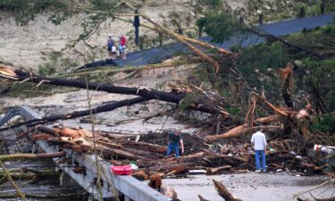 Massive debris impale a bridge over the Guadalupe River on July 5 in Ingram