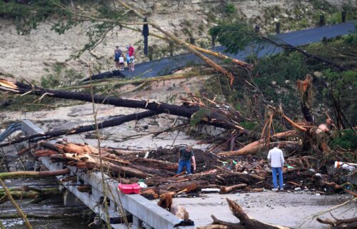 Massive debris impale a bridge over the Guadalupe River on July 5 in Ingram