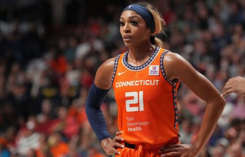 DiJonai Carrington #21 of the Connecticut Sun looks on during the game against the Indiana Fever in the 2024 WNBA Playoffs on September 22