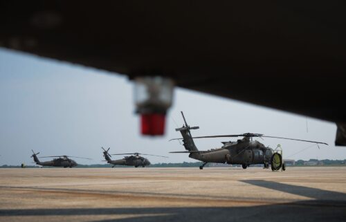 U.S. Army UH-60M Black Hawk helicopters are seen parked near Washington