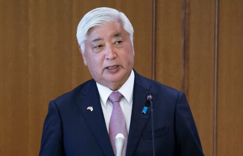 Japanese Defense Minister Gen Nakatani speaks during a joint news conference with US Defense Secretary Pete Hegseth on March 30