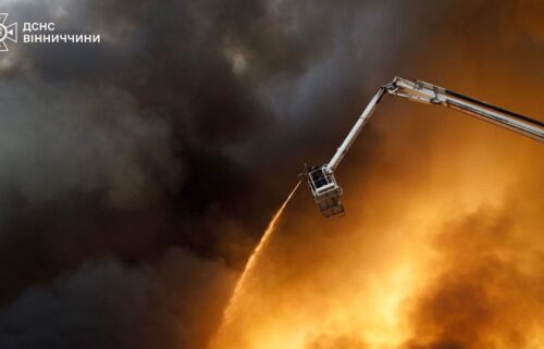 A first responder at the scene of a Russian strike in Vinnytsia
