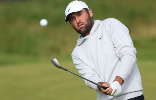 Scheffler chipping during a practice round ahead of The 153rd Open Championship.