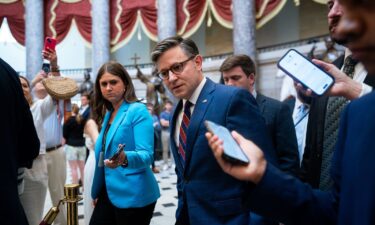 US House Speaker Mike Johnson speaks to members of the media while walking to the House Chamber during a vote at the US Capitol in Washington