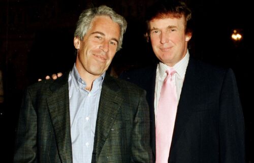 Seen here is American financier Jeffrey Epstein (left) and real estate developer Donald Trump together at the Mar-a-Lago estate
