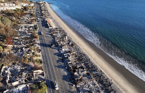 Beachside homes were destroyed in the Palisades Fire along Pacific Coast Highway on January 16. US wildfires in January accounted for about $40 billion of the $84 billion total