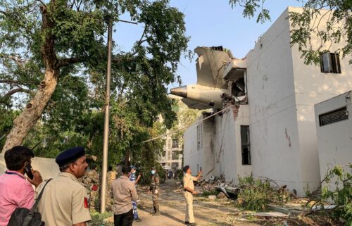 The back of Air India flight 171 is pictured at the site after it crashed in a residential area near the airport in Ahmedabad on June 12.