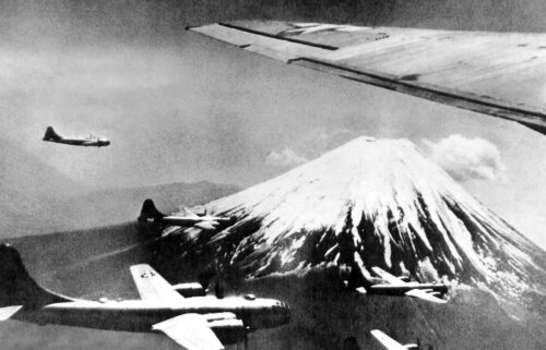 B-29 bombers fly over Mount Fuji en route to bomb Tokyo in 1945.