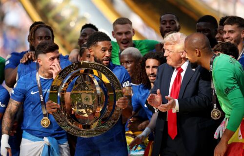 There appeared to be some confusion among Chelsea players during their trophy celebrations when President Donald Trump remained on stage.