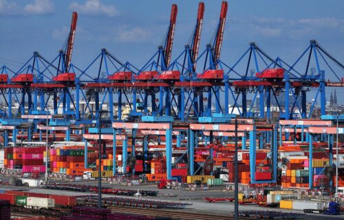 Shipping containers and cranes at Hamburg Port in Germany in April. President Donald Trump has threatened a 30% tariff on incoming European products.