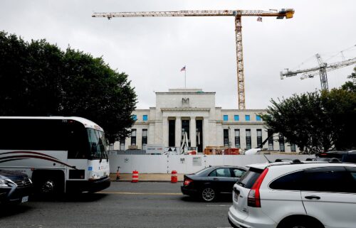 Construction work is done around the Federal Reserve building on September 17