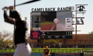 The Automated Ball-Strike System plays on the scoreboard after a pitch call was challenged during the first inning of a spring training baseball game between the Chicago White Sox and the San Diego Padres.