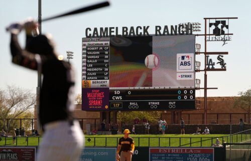 The Automated Ball-Strike System plays on the scoreboard after a pitch call was challenged during the first inning of a spring training baseball game between the Chicago White Sox and the San Diego Padres.
