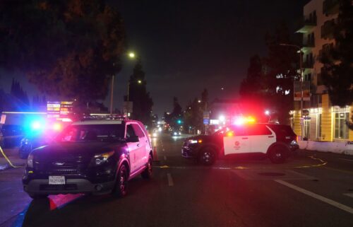 Police patrol vehicles close Vermont Ave. after a vehicle rammed into a crowd gathered outside "The Vermont" nightclub in Los Angeles
