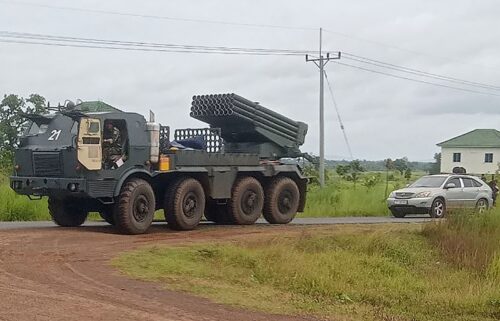A Cambodian BM-21 multiple rocket launcher returns in Preah Vihear province from the Cambodia-Thai border as troops from both sides clash on July 24.
