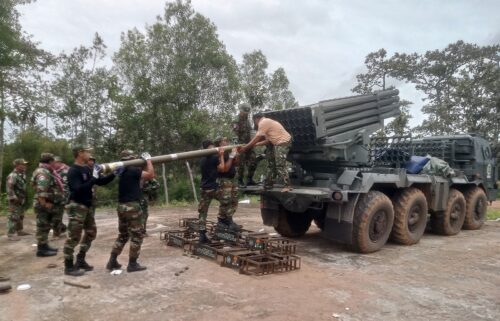 Cambodian soldiers reload the BM-21 multiple rocket launcher in Preah Vihear province on July 24
