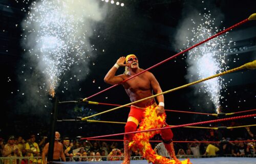 Hulk Hogan works the crowd during Hulk Hogan's Hulkamania Tour at Rod Laver Arena on November 21