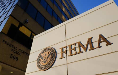 A sign marks the location of the Federal Emergency Management Agency (FEMA) headquarters building on June 20