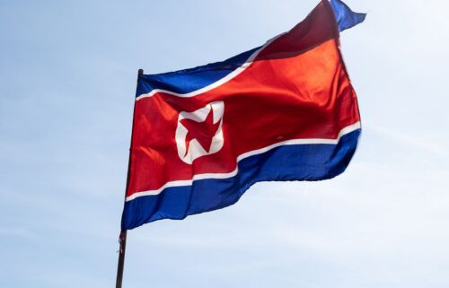 The national flag of North Korea seen during the celebration of International Workers' Day.